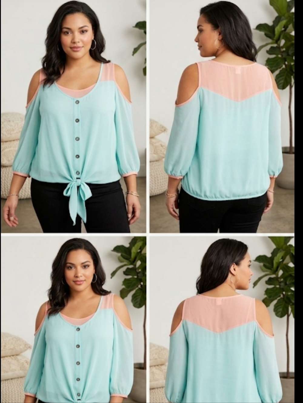 Whimsy Aqua Tie-Front Button Cold Shoulder Sheer Blouse with Peach Trim Sz Large
